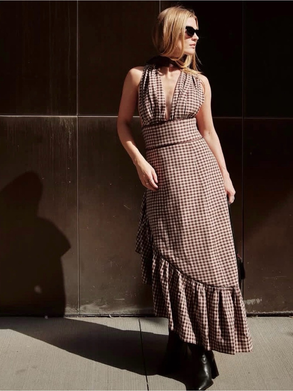 Asymmetrical Gingham Halter Maxi Dress in Brown - Women